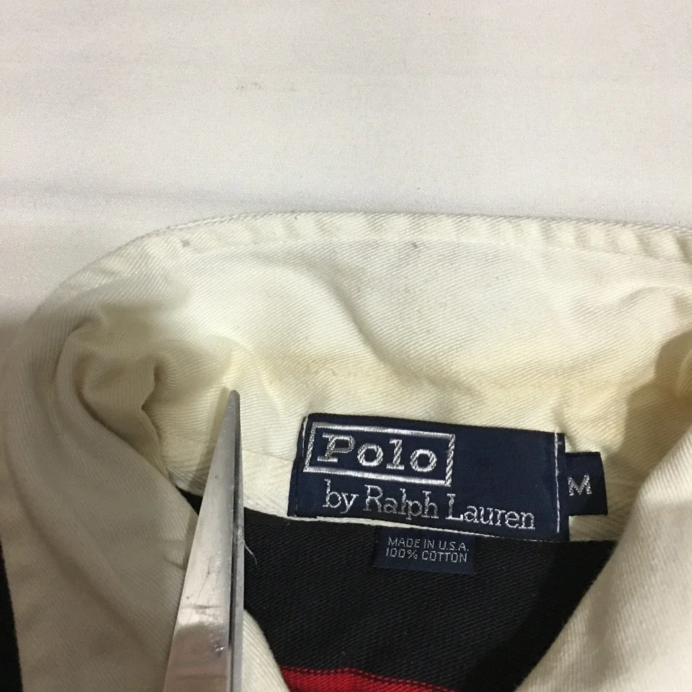 Polo Ralph Lauren Rugby Shirt Mens Medium Red Black Striped Elbow Patch